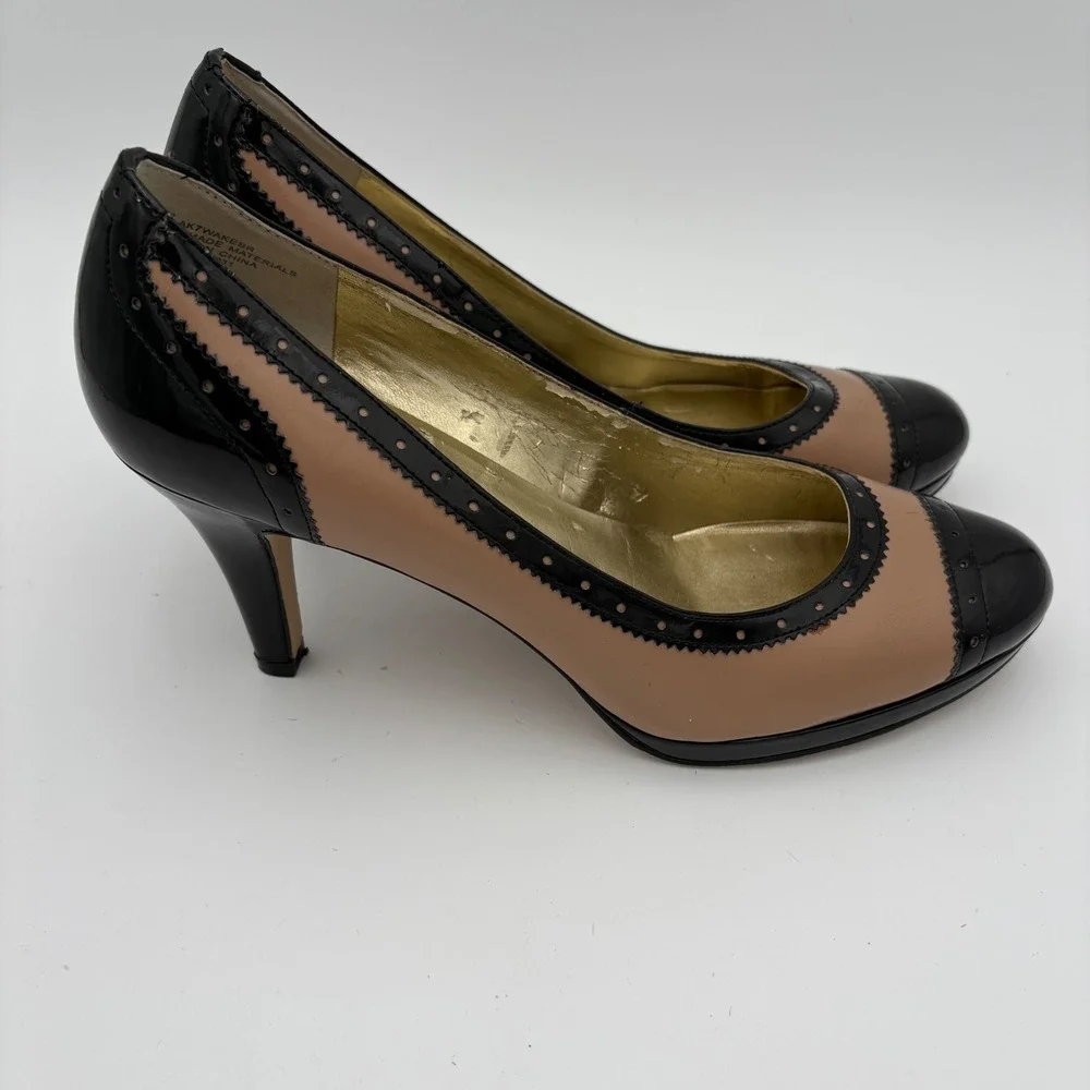 AK Anne Klein Women‎ Tan Black Cap Toe Brogue Heel Pumps Shoes Size 9.5M